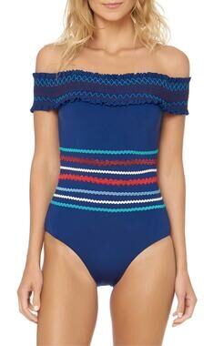 Red Carter Navy Off Shoulder One Piece Smocked Ric Rac Y2K Swim Size 4